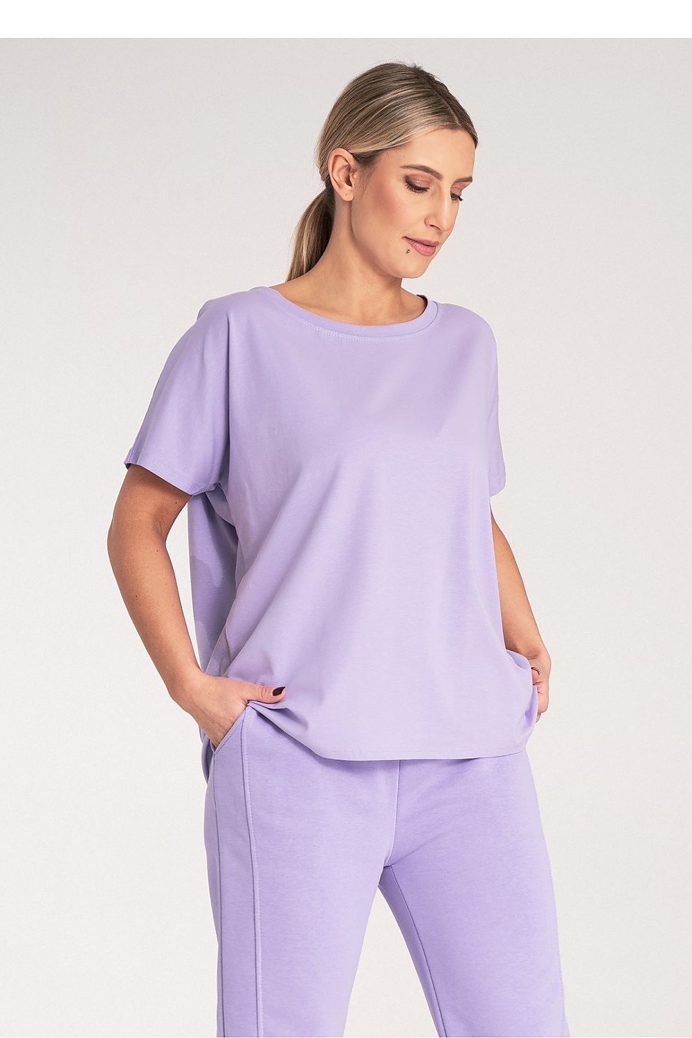 Luxury Women's Cotton-Blend T-Shirt by Figl, featuring short sleeves and a round neckline, elegantly designed for EU size 0 with a perfect fit of 68 cm length, 118 cm hips, and 120 cm chest.