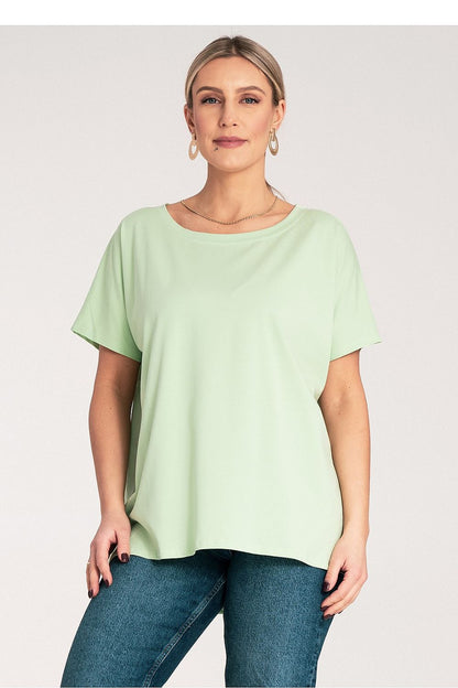 Stylish round neck luxury women's t-shirt by Figl, made of 95% cotton and 5% spandex, showcasing premium fabric quality.