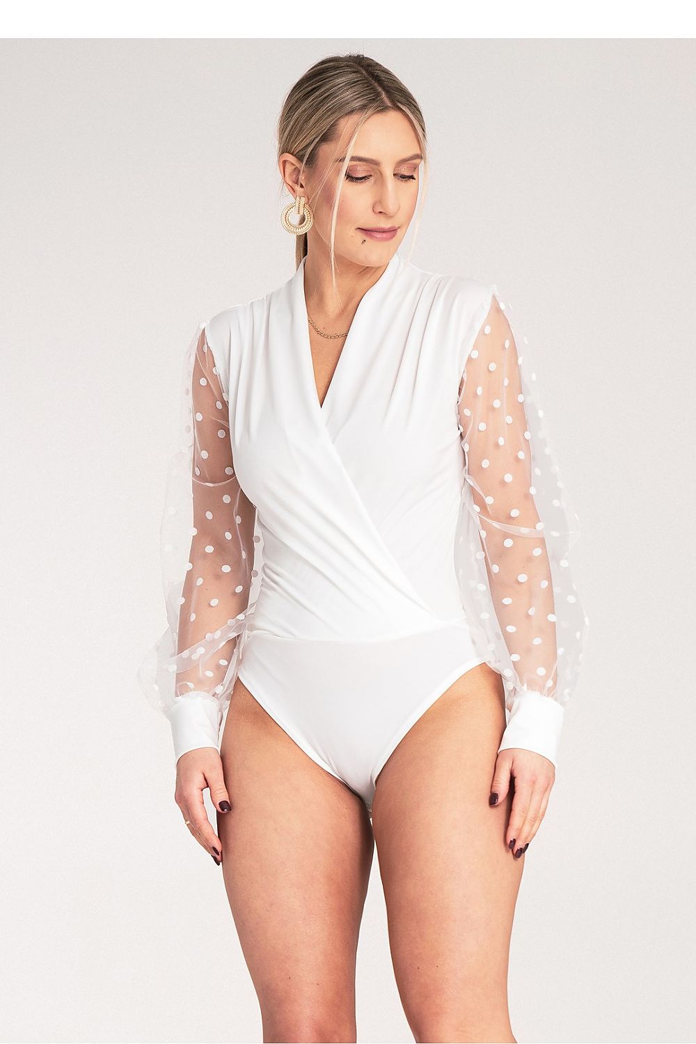 Luxury Figl shapewear body dress featuring a deep envelope neckline and elegant polka dot tulle sleeves in EU S/M and US S/M sizes.