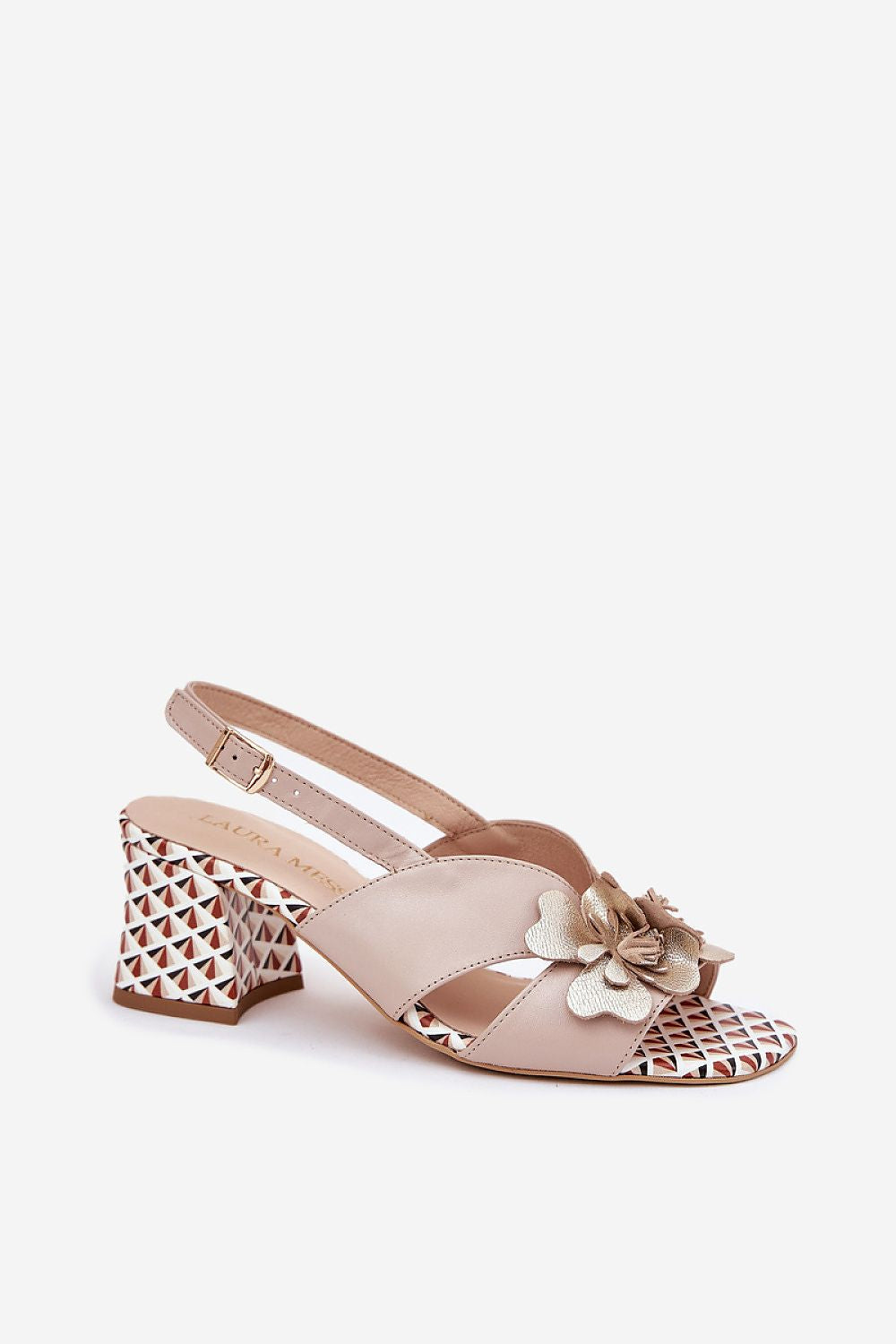 Close-up view of Laura Messi women's elegant sandals showcasing rich natural leather and charming flower embellishments.