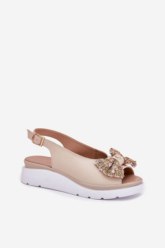 Luxurious snapshot of Step in style's Women's Wedge Sandals, highlighting the natural leather, 5 cm heel, and beautiful bow decoration, ideal for both casual and formal occasions.