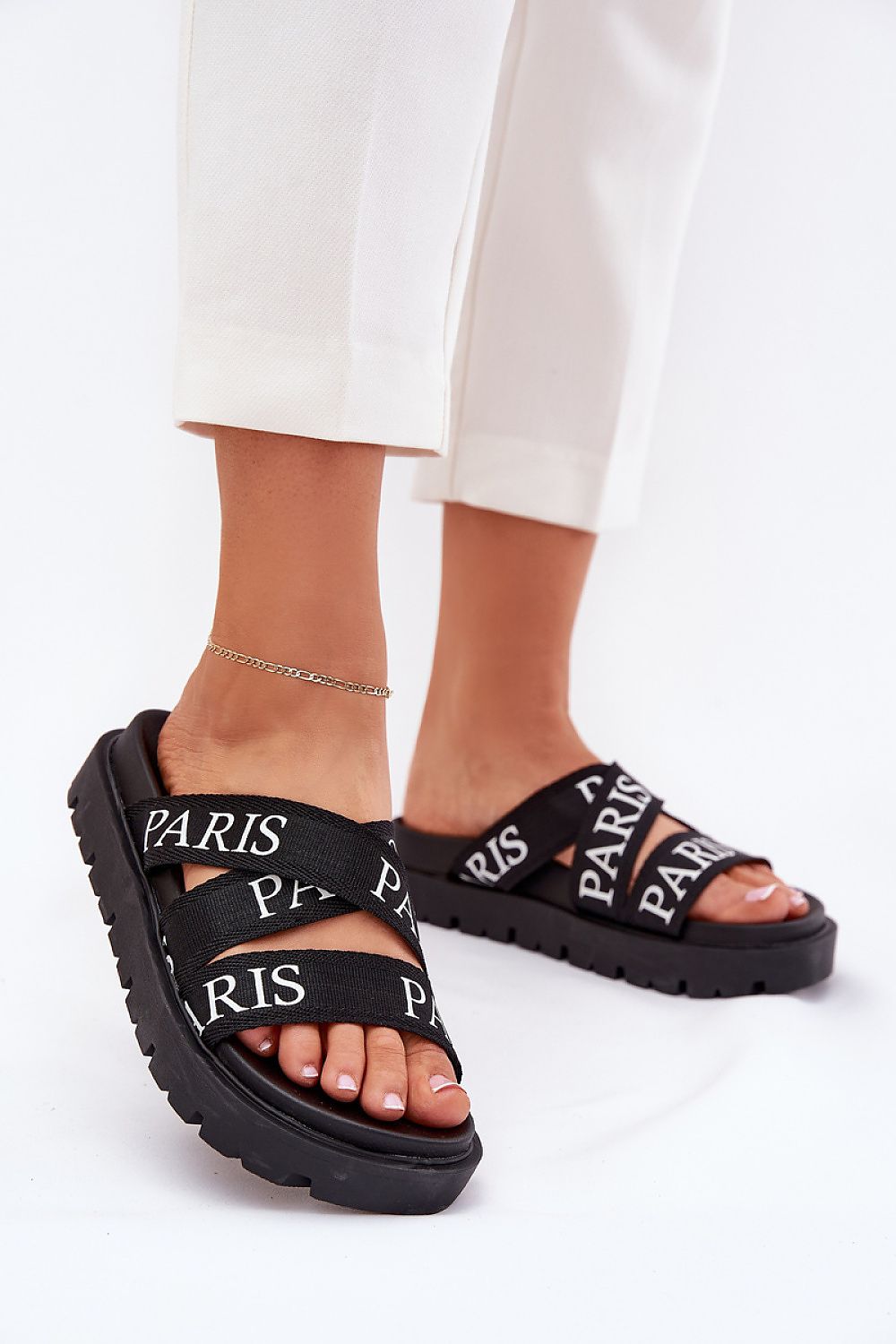 Elegant women's platform sandals by Step in Style featuring stylish fabric straps and 'PARIS' inscription, perfect for casual summer wear.