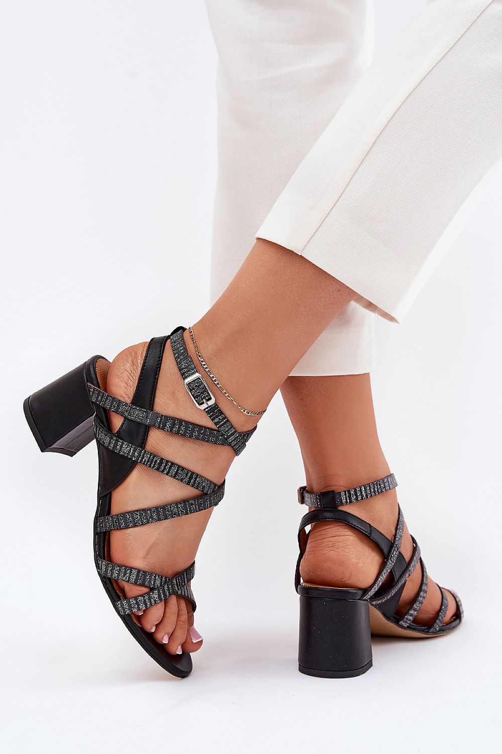 Classic and chic women's block heel sandals in natural leather by Step in Style, designed with interwoven straps for a perfect blend of elegance and comfort.