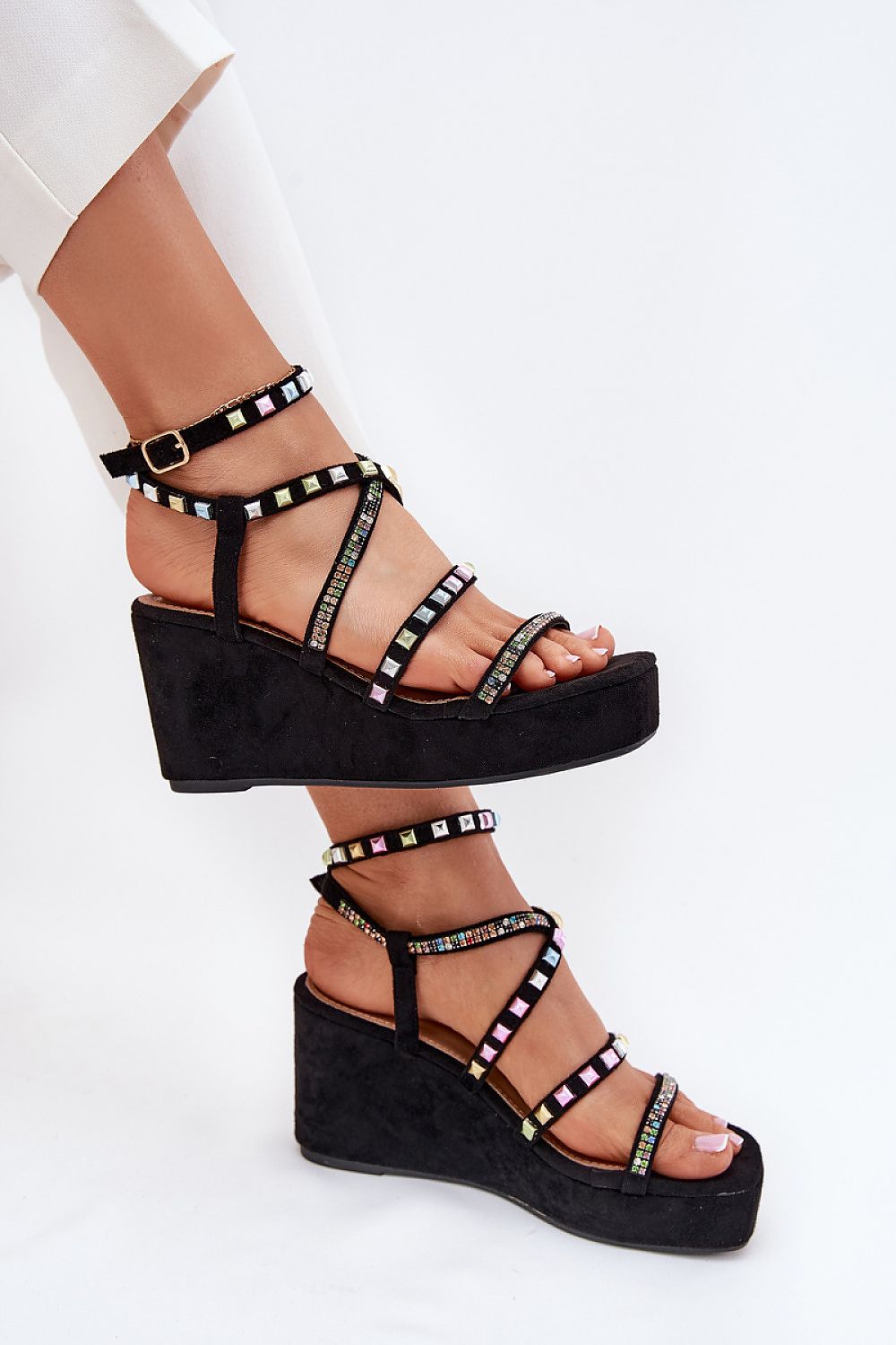 Step in Style eco-suede wedge sandals in various sizes, combining comfort and style with embellished straps for upscale summer fashion.