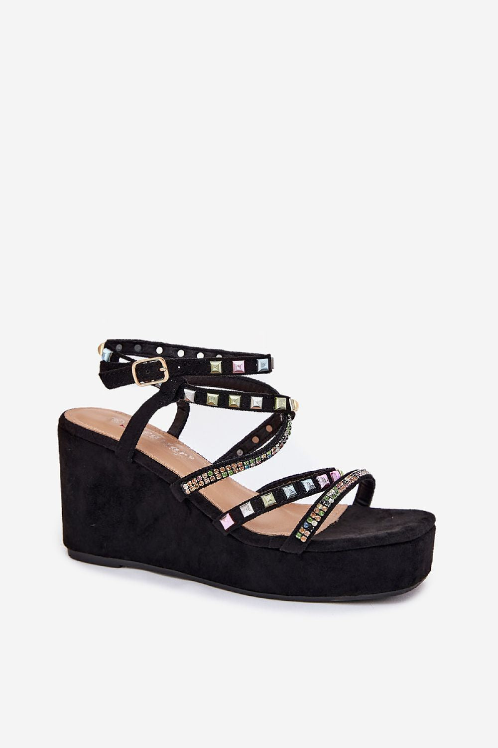Elegant and luxurious eco-suede wedge sandals by Step in Style, adorned with unique embellished straps, perfect for summer ensembles.
