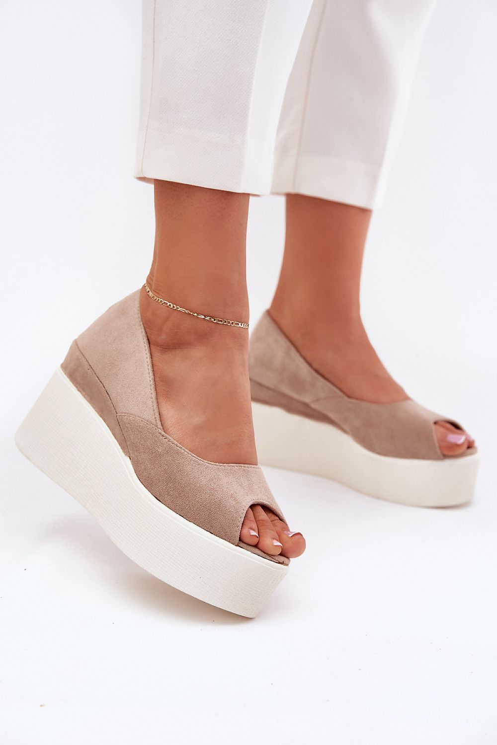 Elegant Women's Eco Suede Platform Wedge Sandals by Step in Style, showcasing a sophisticated look with a comfortable 9cm heel, ideal for a fashionable summer.