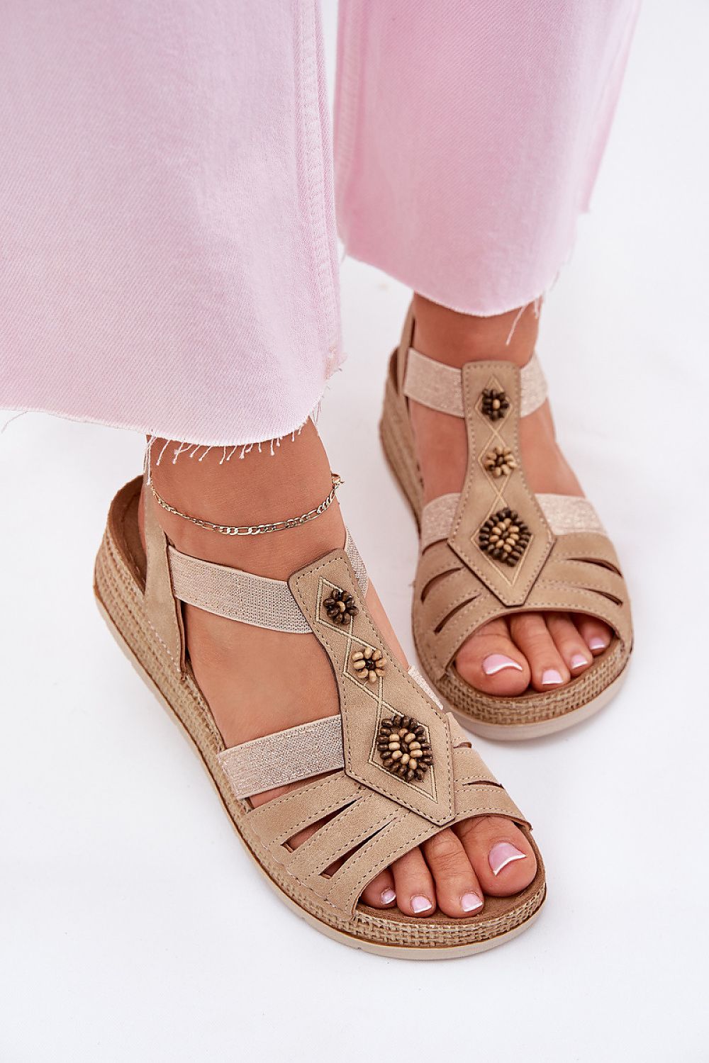 Side view of Luxury INBLU Women's Wedge Sandals with delicate decorations and a 5 cm wedge heel, ideal for enhancing any outfit.