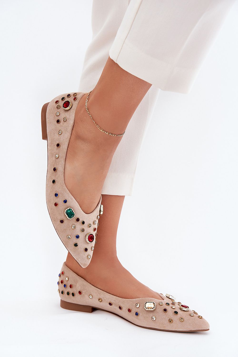 Elegant women's eco suede ballet flats with sparkling crystals by Step in style, featuring a chic pointed toe design.