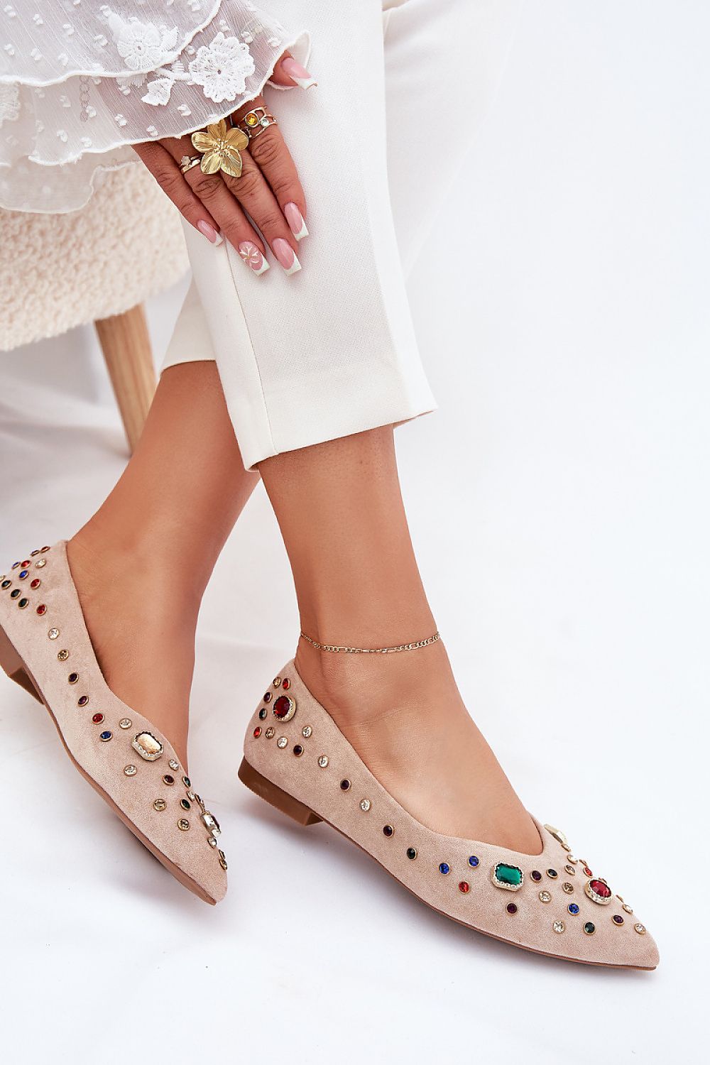 Luxury eco suede ballet flats in elegant pointed toe style, embellished with crystals, perfect for any occasion, brought to you by Step in style.