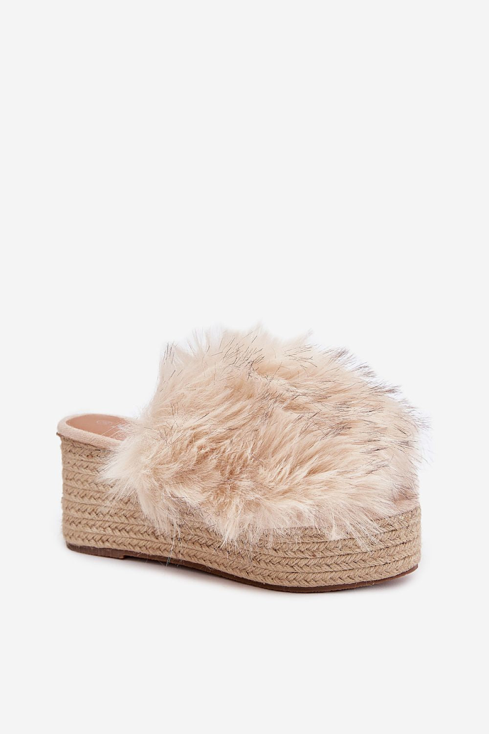 Close-up detail of Step in Style's luxurious ladies' wedge platform slippers with braided accents and plush fur.
