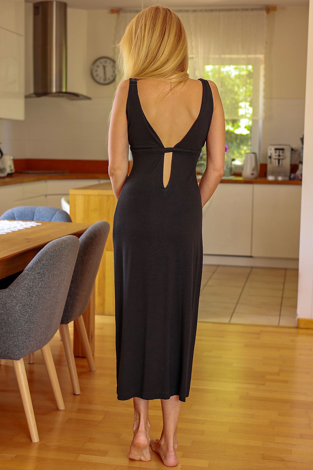 Chic lightweight Mirale long daydress in breathable viscose, showcased with a flattering deep V-neck and sophisticated ruching, ideal for warm seasons.