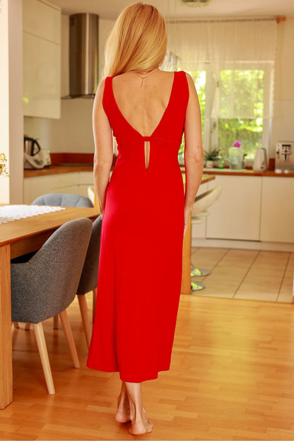 Elegant Mirale viscose long daydress featuring a deep V-neckline and ruching, ideal for summer occasions.