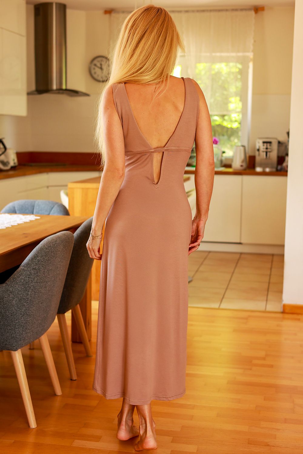 Luxe Mirale long summer dress in breathable viscose, featuring a deep V-neck and flattering ruching for a refined silhouette.