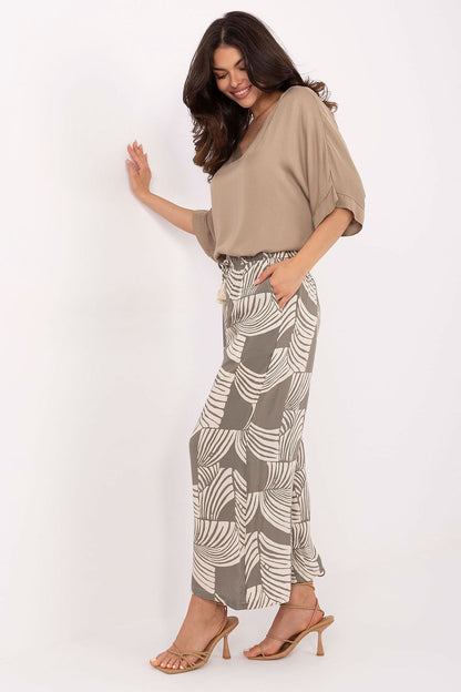Stylish print detail of Sublevel Women’s High-Waist Trousers, enhancing the luxurious casual comfort and sophistication.