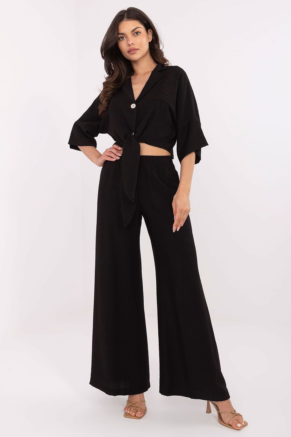 Close-up of the Och Bella Stylish Women's Set's button-up shirt showcasing the tie detail and classic collar, made from high-quality breathable viscose-nylon blend.