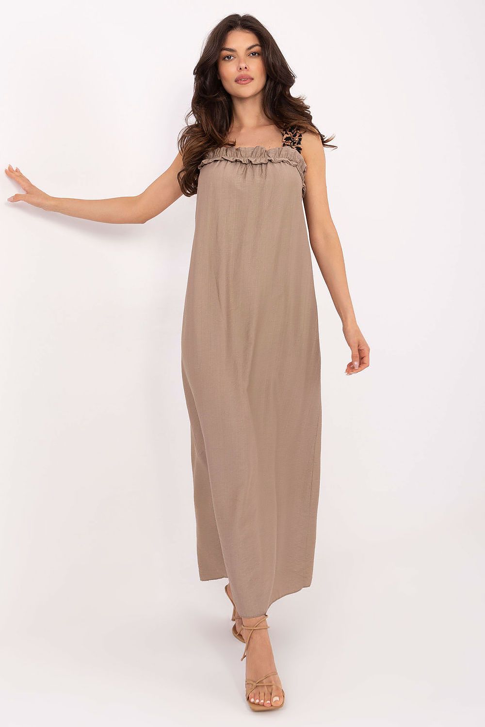 Chic summer maxi dress showcasing a rectangular neckline and playful leopard print straps, designed by Italy Moda for effortless style.