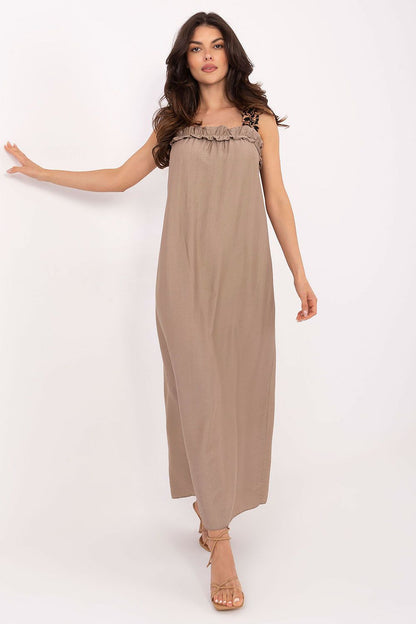 Chic summer maxi dress showcasing a rectangular neckline and playful leopard print straps, designed by Italy Moda for effortless style.