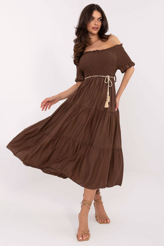 Italy Moda summer midi dress featuring an elegant flared cut, crafted from a lightweight viscose-nylon blend, perfect for sophisticated summer events.