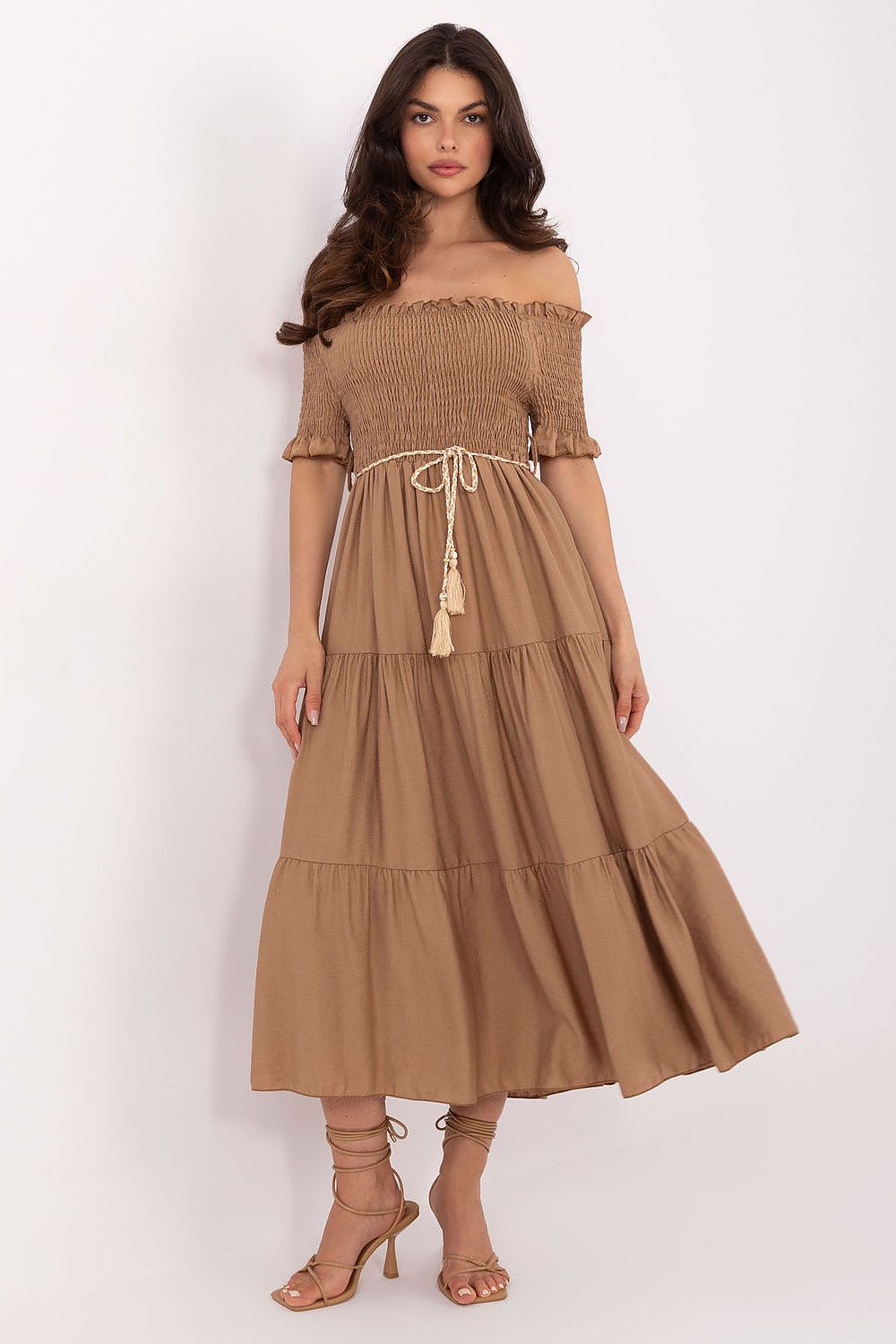 Elegant Italy Moda summer midi dress featuring a flared cut, showcasing the lightweight viscose-nylon blend fabric, perfect for warm days.