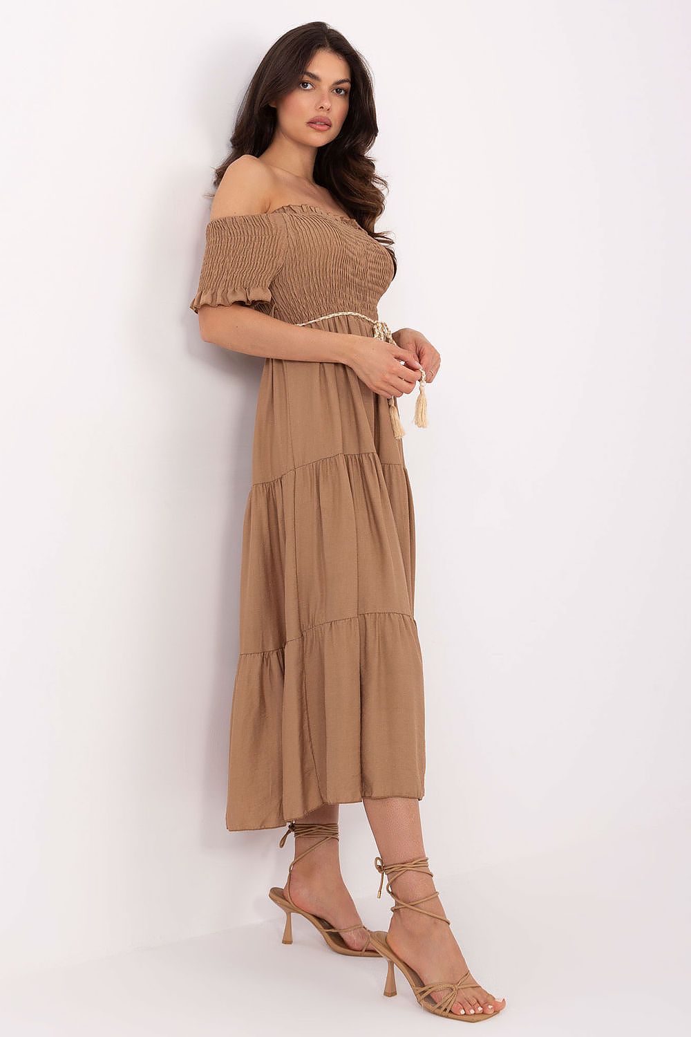 Close-up of Italy Moda's sophisticated summer midi dress, highlighting the beautifully designed Spanish-style neckline with gathers and short ruffled sleeves.