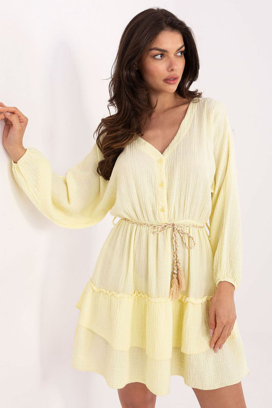 Bohemian summer cotton mini dress by Italy Moda featuring a V-neckline and ruffle hem, perfect for luxurious casual wear.