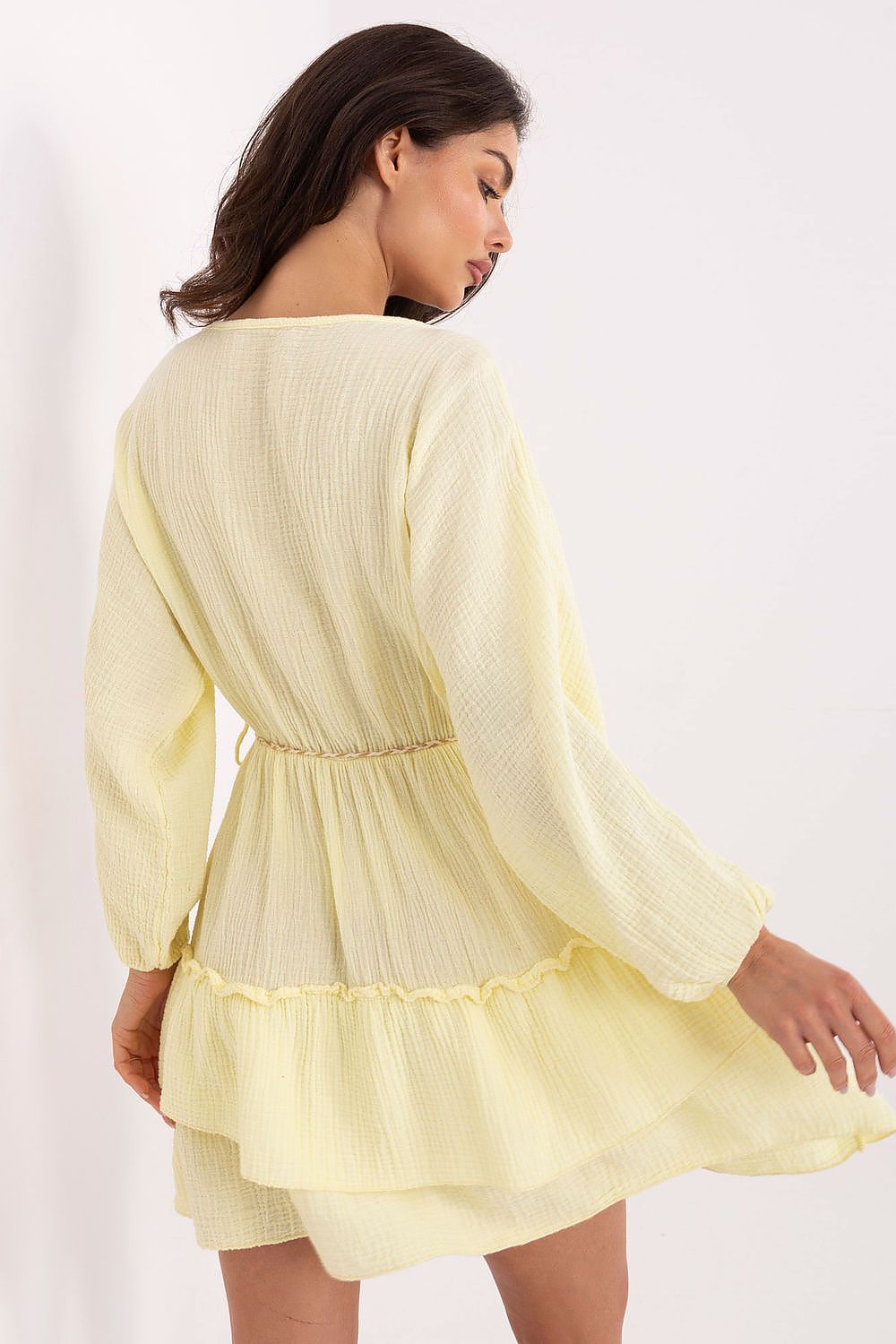 Elegant Boho Summer Mini Dress with V-Neck and Ruffle Hem by Italy Moda, crafted from luxurious lightweight cotton, perfect for casual summer outings.