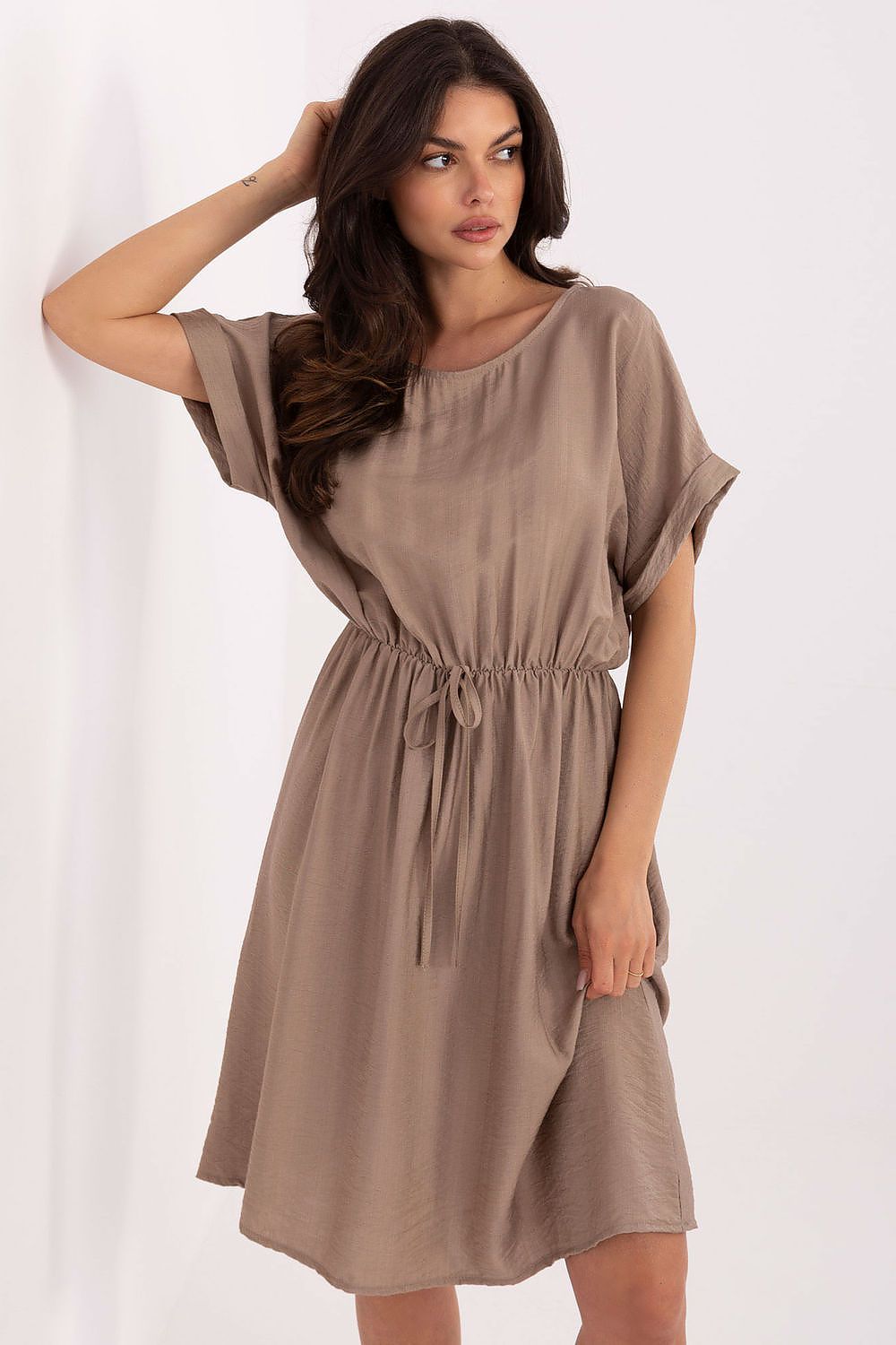 Italy Moda luxury summer viscose daydress featuring a flared cut, knee-length design, and elegant waist tie, perfect for chic outings.