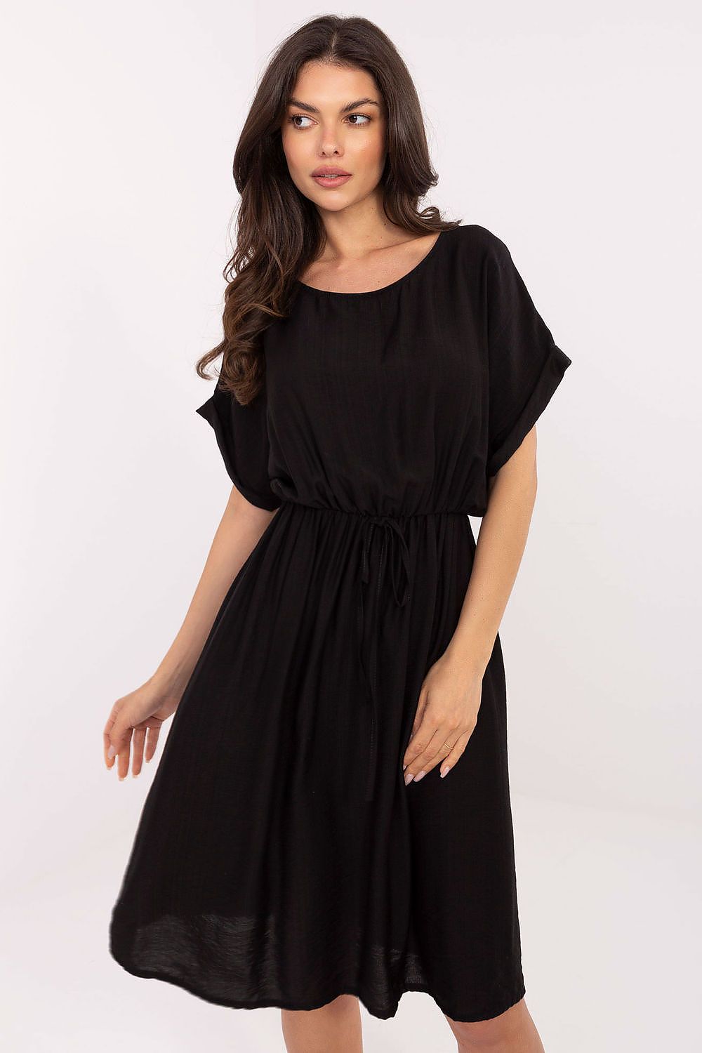 Luxury Italy Moda knee-length daydress in airy viscose, showcasing a classic round neckline and short sleeves for feminine style.