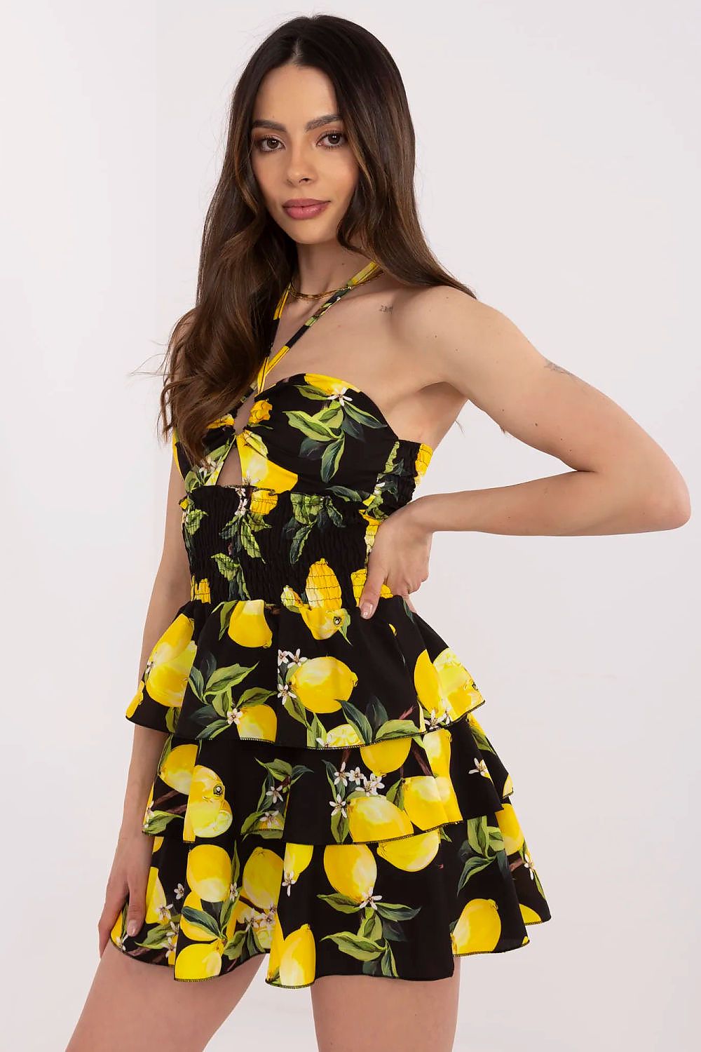 Back view of Italy Moda's summer mini dress with ruching details, ensuring a flawless fit with a touch of girly charm.