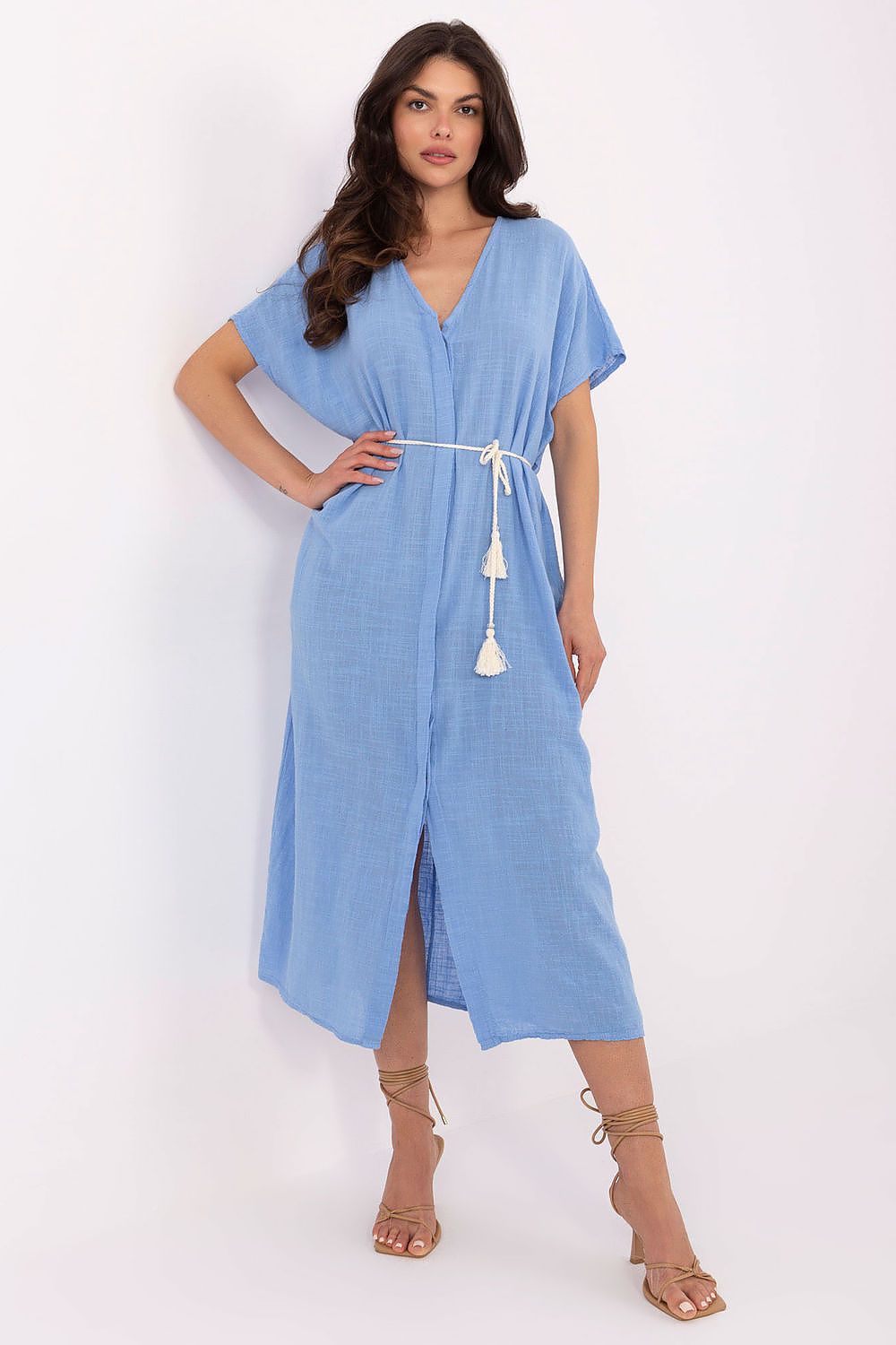 Elegantly designed Boho style summer shirt dress by Och Bella, showcasing 100% cotton fabric, midi length, and feminine v-neckline.