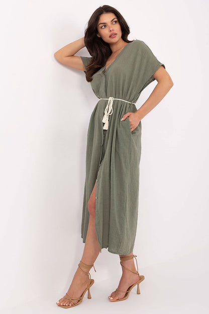 Fashion-forward cotton midi dress by Och Bella, combining comfort and style with its button closure and laid-back bohemian aesthetic.