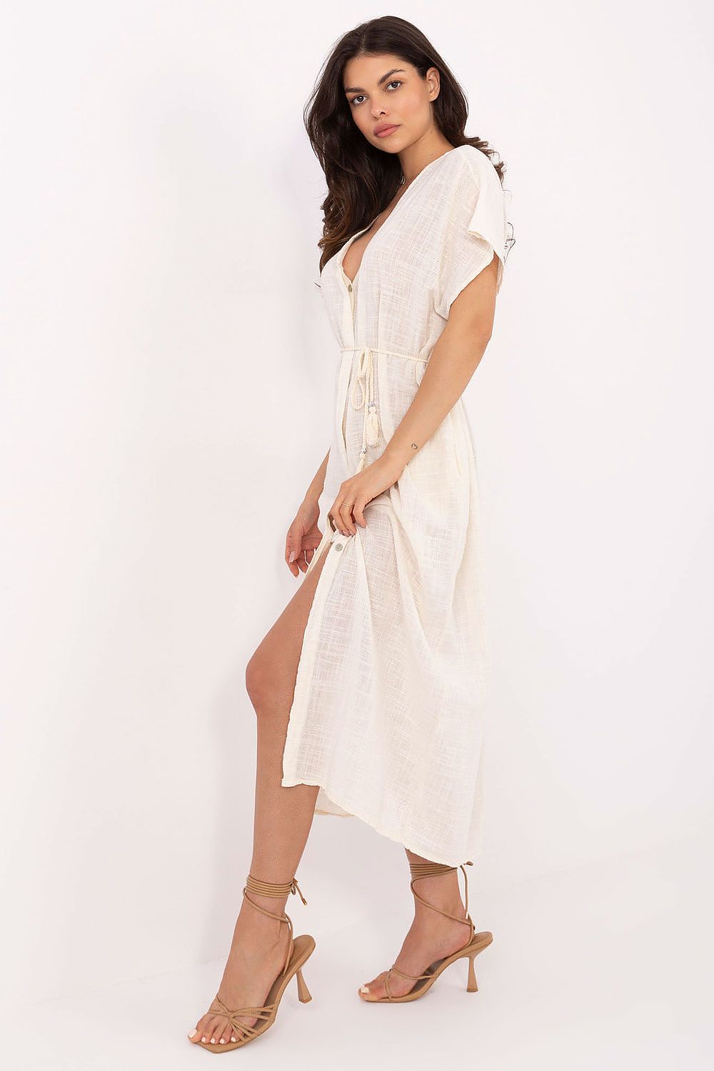 Luxury Och Bella Boho Style Summer Shirt Dress in 100% Cotton, showcasing a midi length design with elegant pockets and a stylish belt, perfect for casual summer outings.