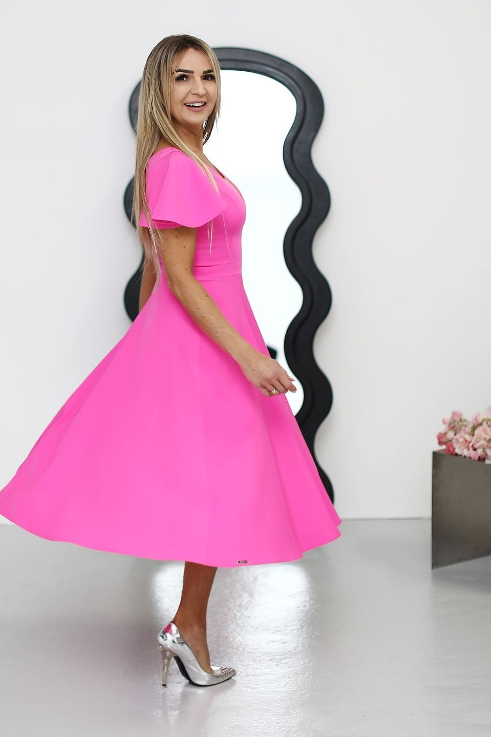 Elegant midi cocktail dress by Jersa featuring a stylish mesh neckline, perfect for special occasions and available in sizes EU 34-54.