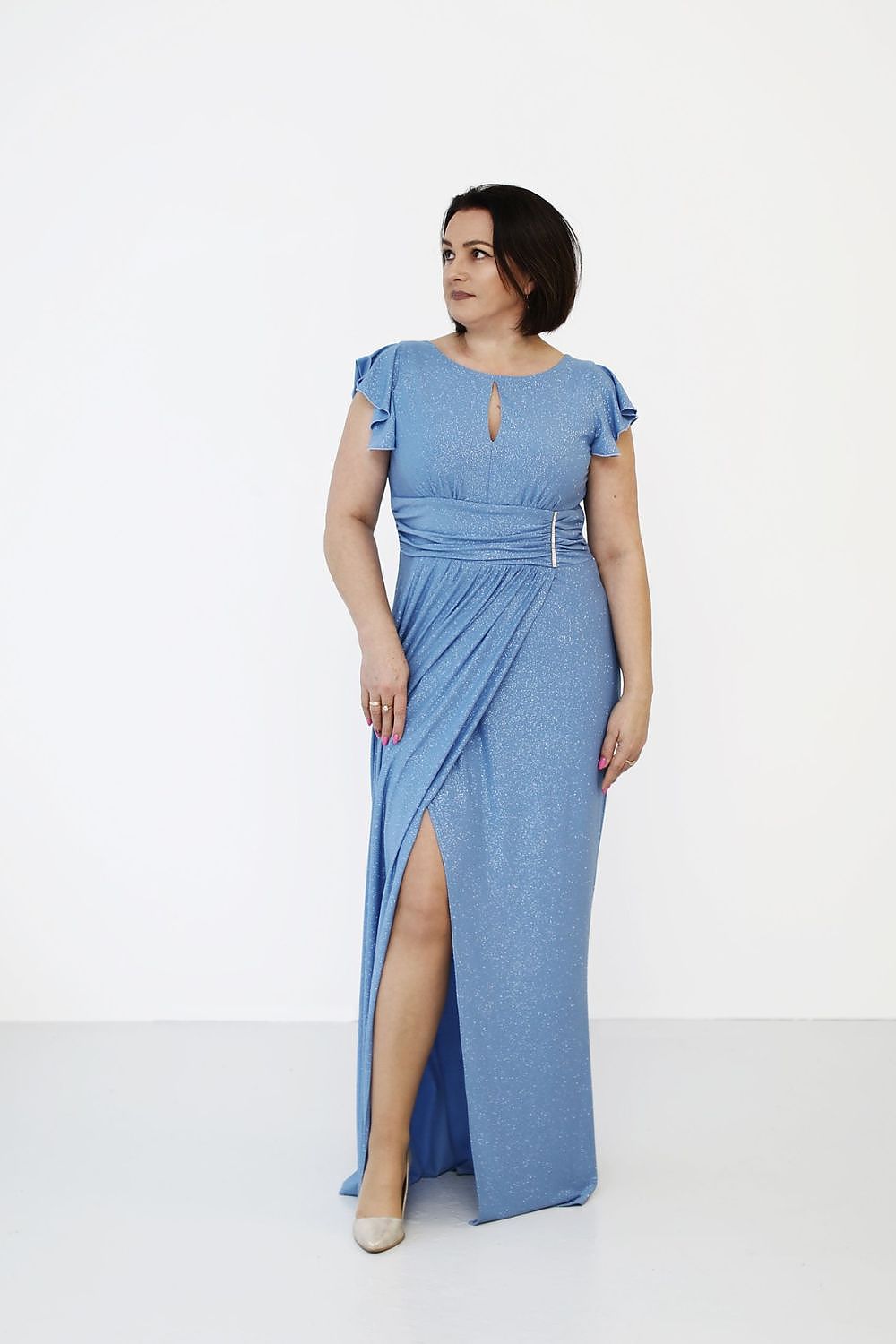 Elegant long dress by Jersa featuring ruffled sleeves and a chic slit neckline, perfect for special occasions.
