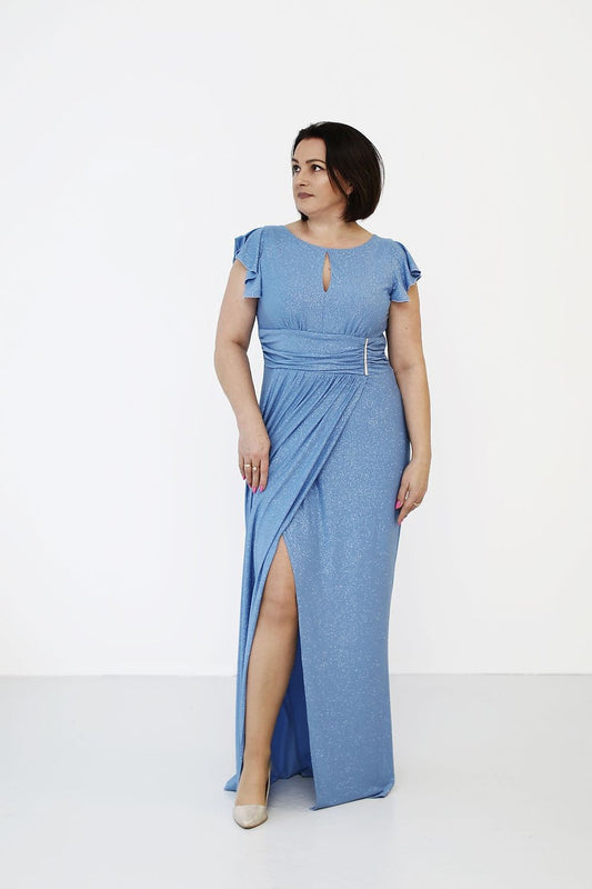 Elegant long dress by Jersa featuring ruffled sleeves, a stylish slit neckline, and a chic wrap bottom, perfect for evening outings and special occasions.