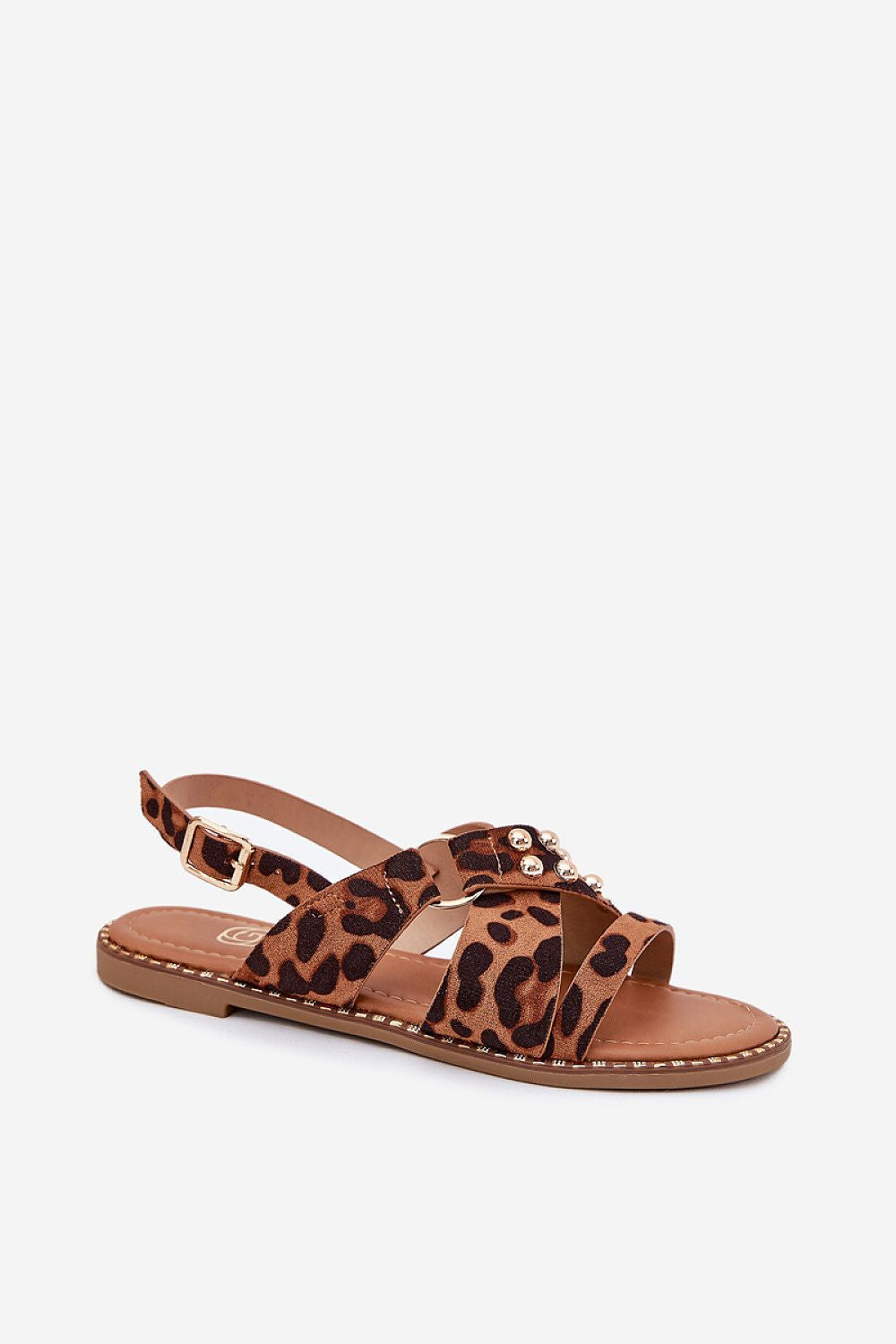 Step in Style eco suede sandals with gold studs, combining comfort and fashion, perfect for pairing with dresses and skirts on warm days.