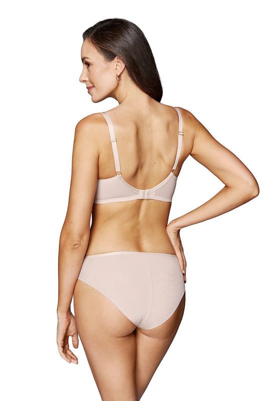 Elegant Gorteks beige lace bra, designed with soft foam cups, cotton lining for skin-friendliness, and sophisticated shiny embellishments, tailored for a flawless fit.