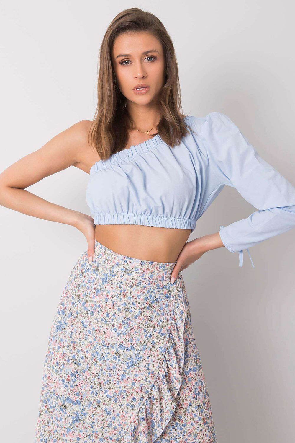 Elegant asymmetrical neckline casual blouse by Rue Paris, crafted from 100% cotton. The design features long sleeves and a fitted silhouette, perfect for stylish everyday wear.