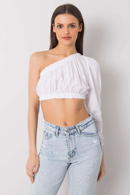 Chic Rue Paris cotton blouse with one long sleeve, perfect for pairing with high-waisted jeans or skirts for a fashionable look.