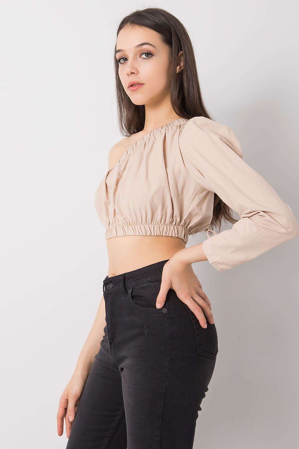Back view of the Rue Paris Asymmetrical Neckline Casual Blouse, featuring an elastic finish for a flattering silhouette, crafted in soft 100% cotton.
