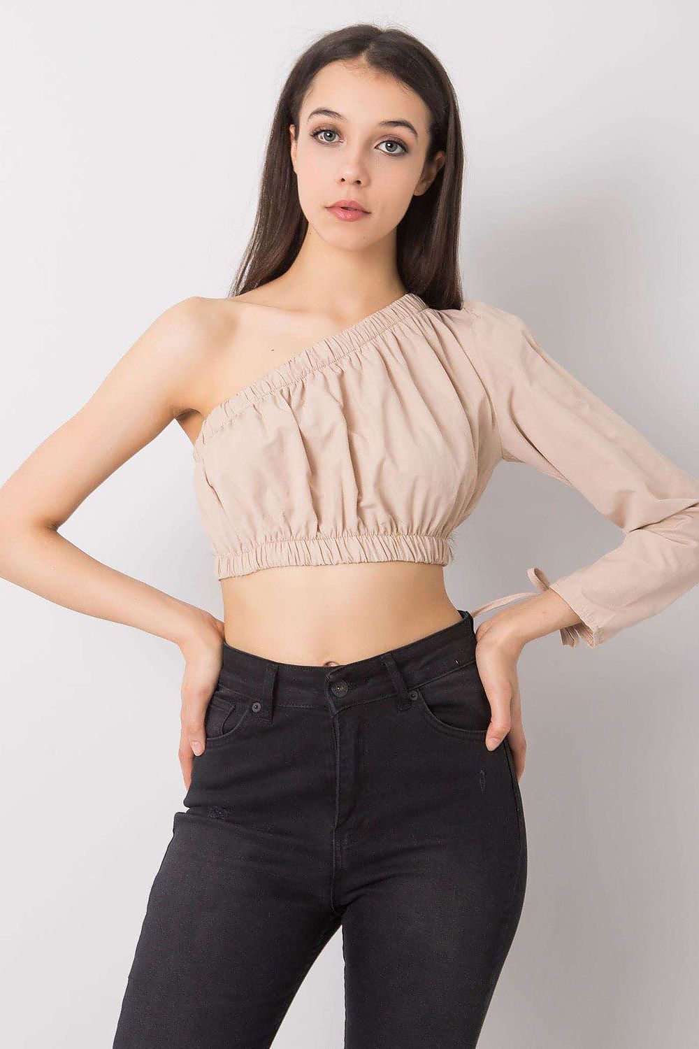 Fashionable display of the Rue Paris Asymmetrical Neckline Casual Blouse in varied sizes, emphasising its versatile design suitable for all stylish women.