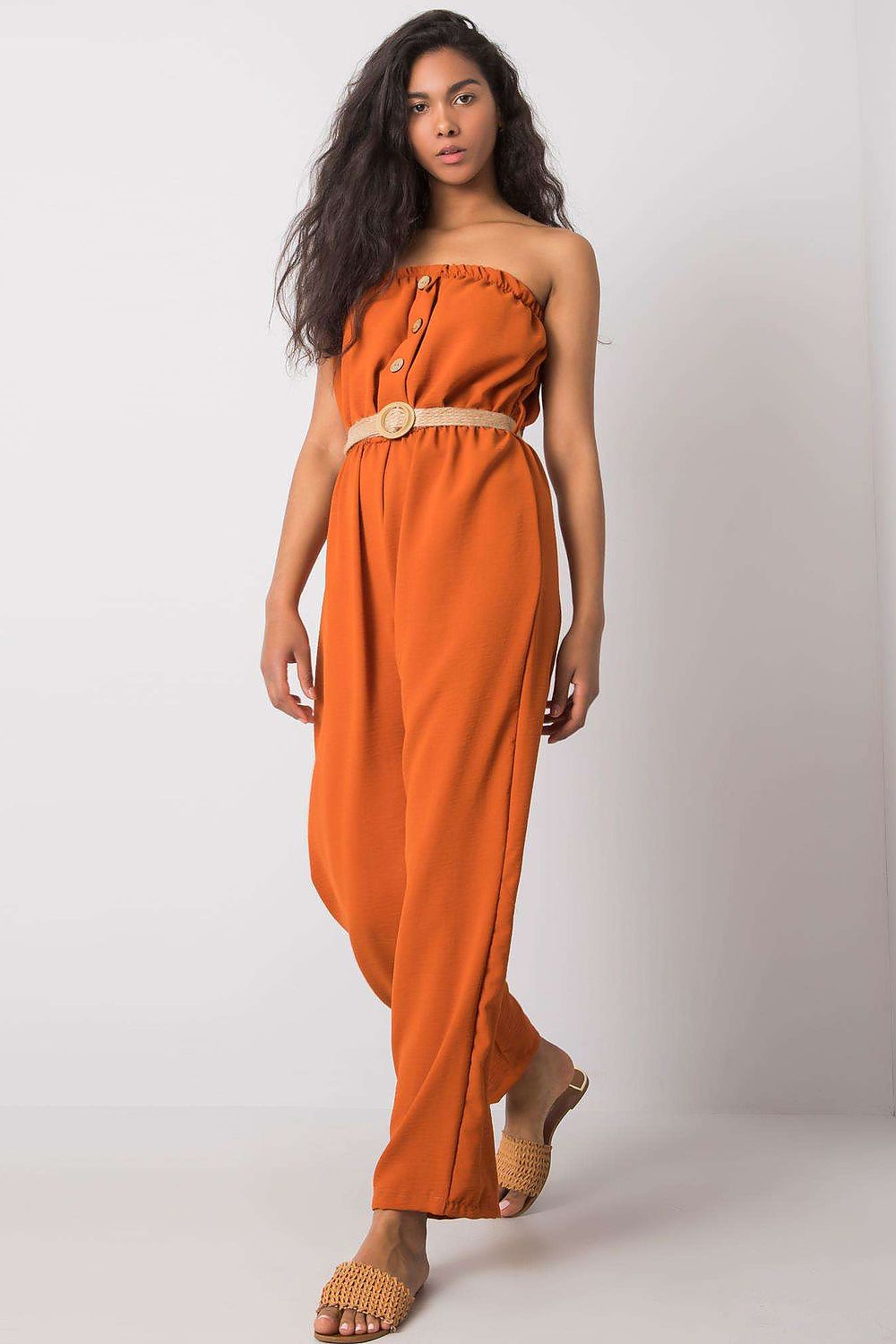Elegant sleeveless casual jumpsuit for women by Rue Paris, showcasing a stylish elliptical neckline and adjustable waist, perfect for everyday chic.