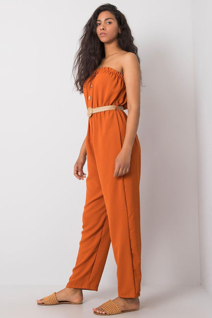 Rue Paris cotton-polyester blend jumpsuit featuring decorative buttons and a fastened belt for a sophisticated casual look, ideal for modern women.