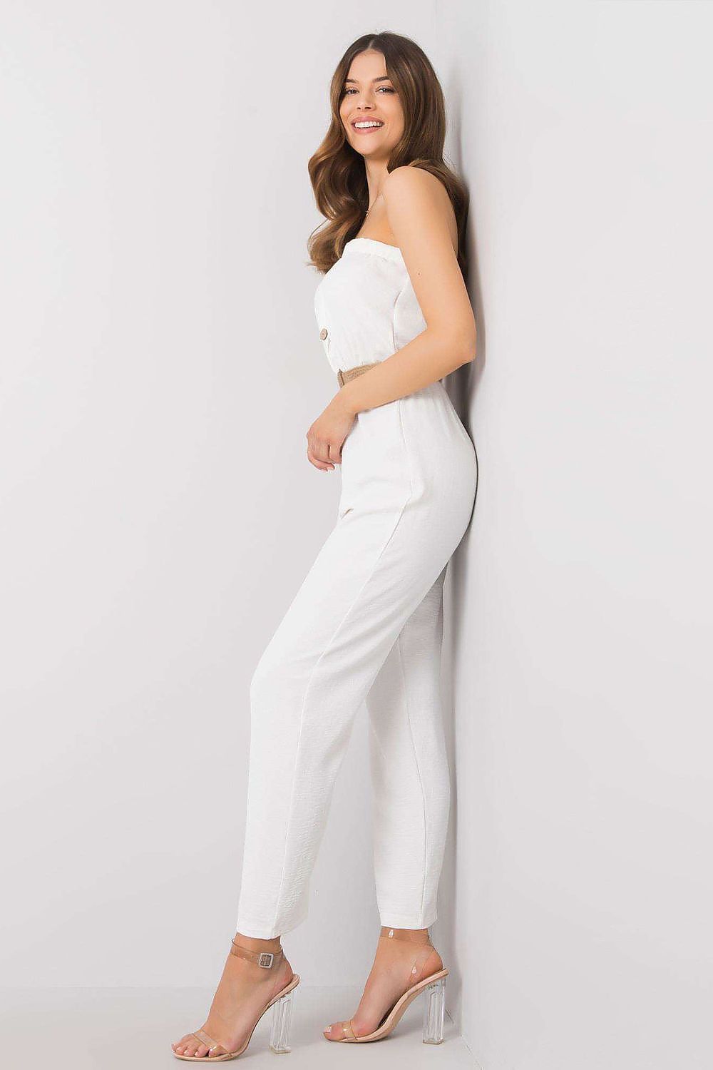 Stylish jumpsuit in cotton-polyester blend designed by Rue Paris, emphasizing a luxurious silhouette with a smooth pattern, perfect for any fashion-forward wardrobe.