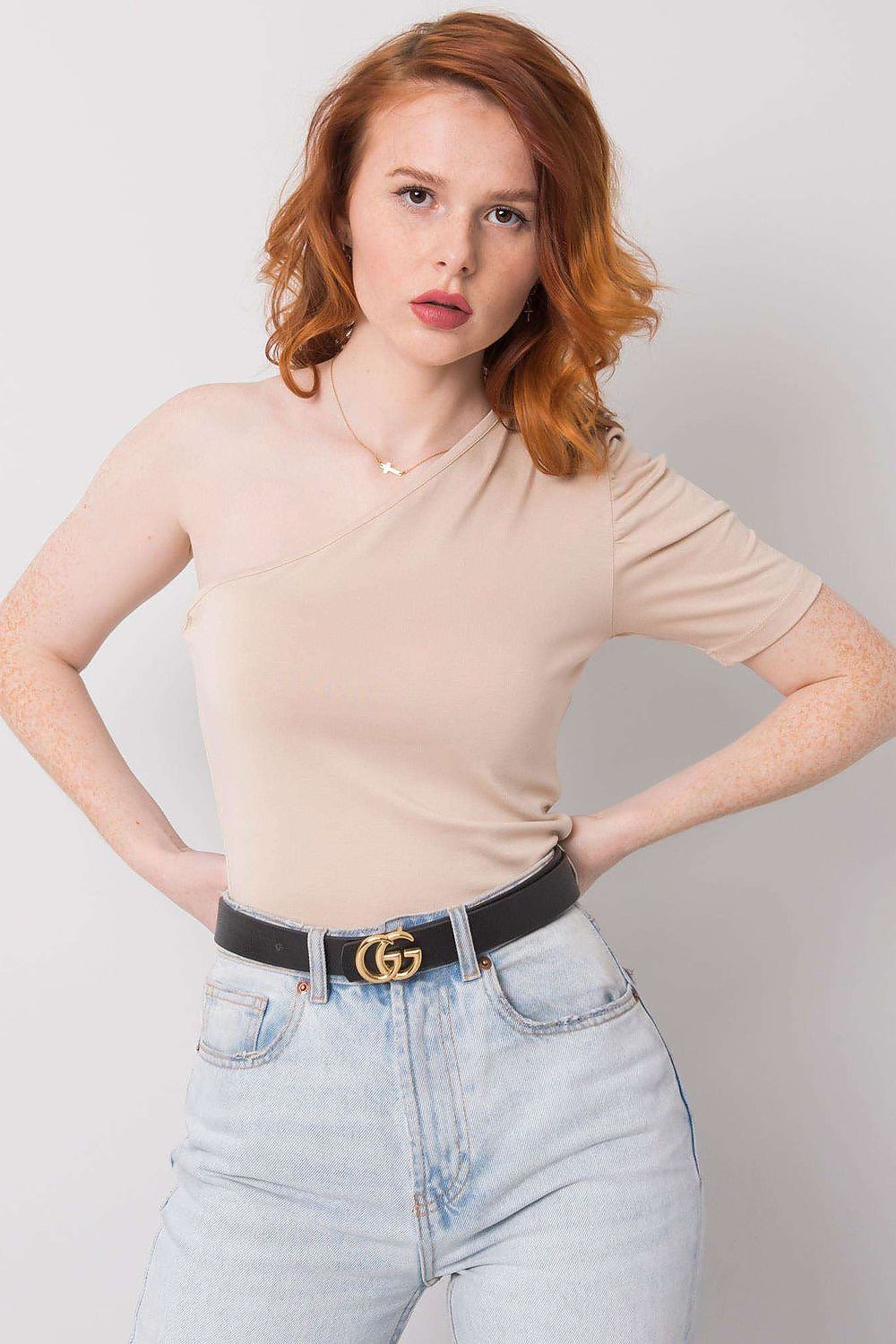 Elegant asymmetrical one-sleeve blouse in viscose and spandex blend by Rue Paris, showcasing a modern feminine style.