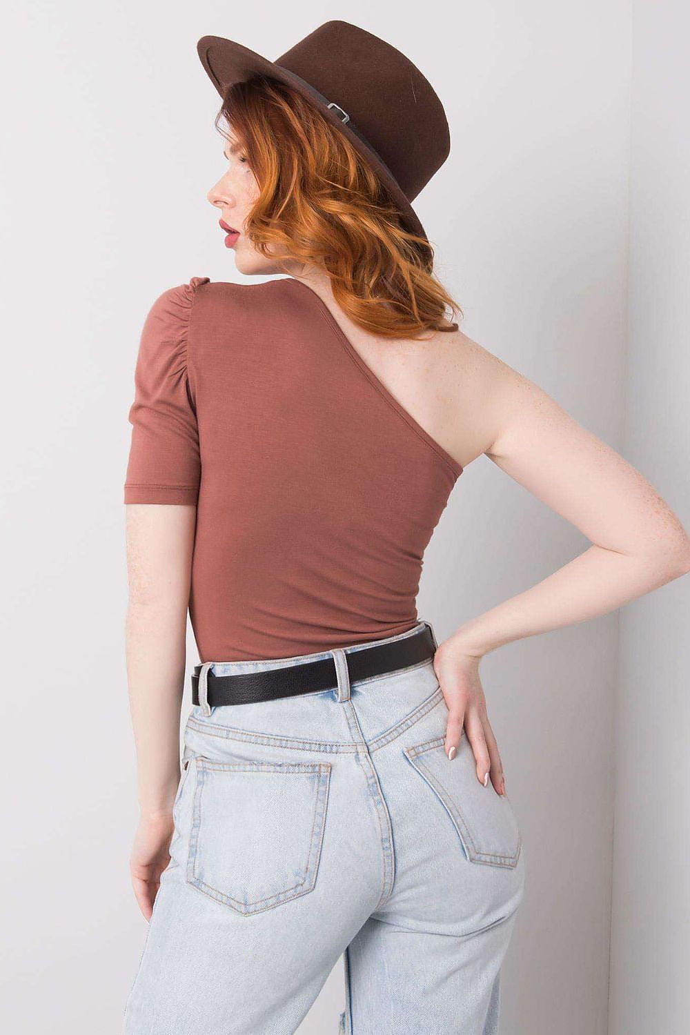 Luxurious asymmetrical one-sleeve blouse by Rue Paris, crafted from a soft viscose and spandex blend, ideal for modern feminine styles.