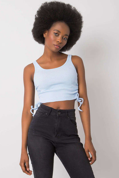Elegant ribbed cotton crop top by Rue Paris featuring adjustable gathers, perfect for a chic summer look.