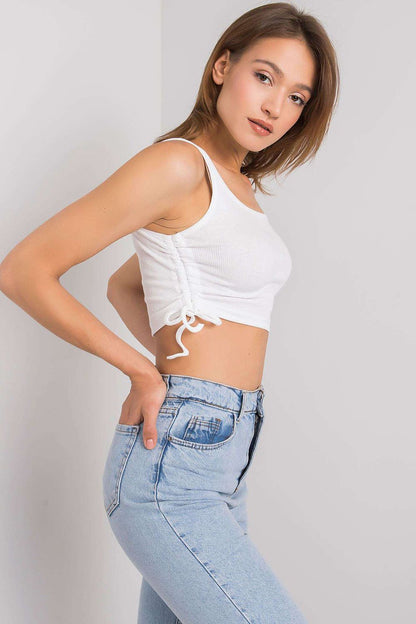 Fashionable ribbed cotton crop top in various sizes from Rue Paris, showcasing comfortable casual elegance.