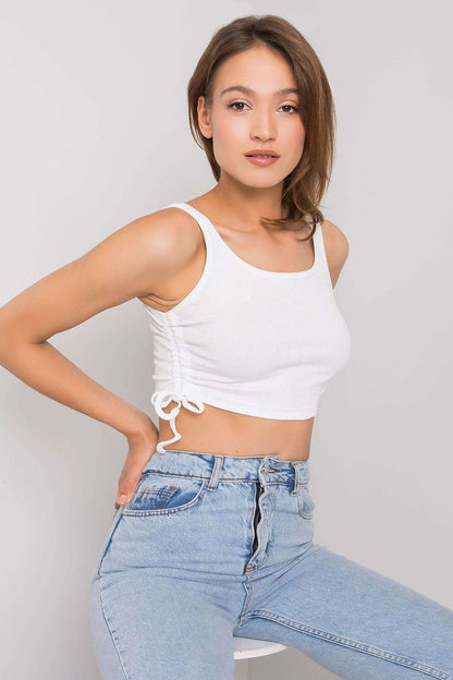 Stylish ribbed cotton crop top with adjustable gathers by Rue Paris, featuring a classic round neckline perfect for summer casual outfits.
