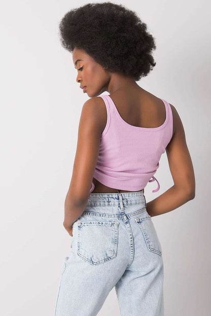 Versatile ribbed crop top from Rue Paris showcasing a classic round neckline, ideal for pairing with high-waisted skirts.